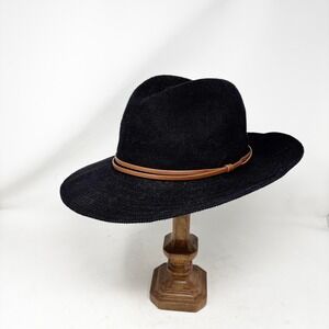 Anthropologie Black Fedora Hat One Size Brown Faux Leather Band Cotton Mesh